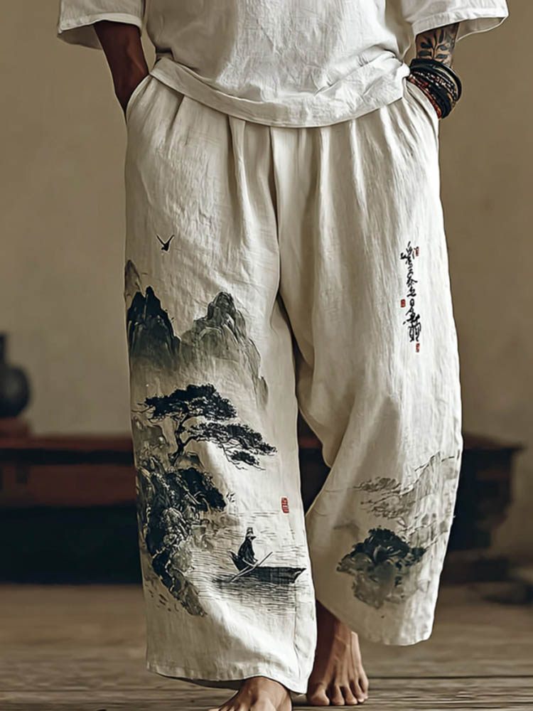 Men's Retro Japanese Landscape Print Casual Pants