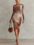 Brown Ombre Leopard Print Bodycon Midi Dress With Faux Suede Fringe Hem