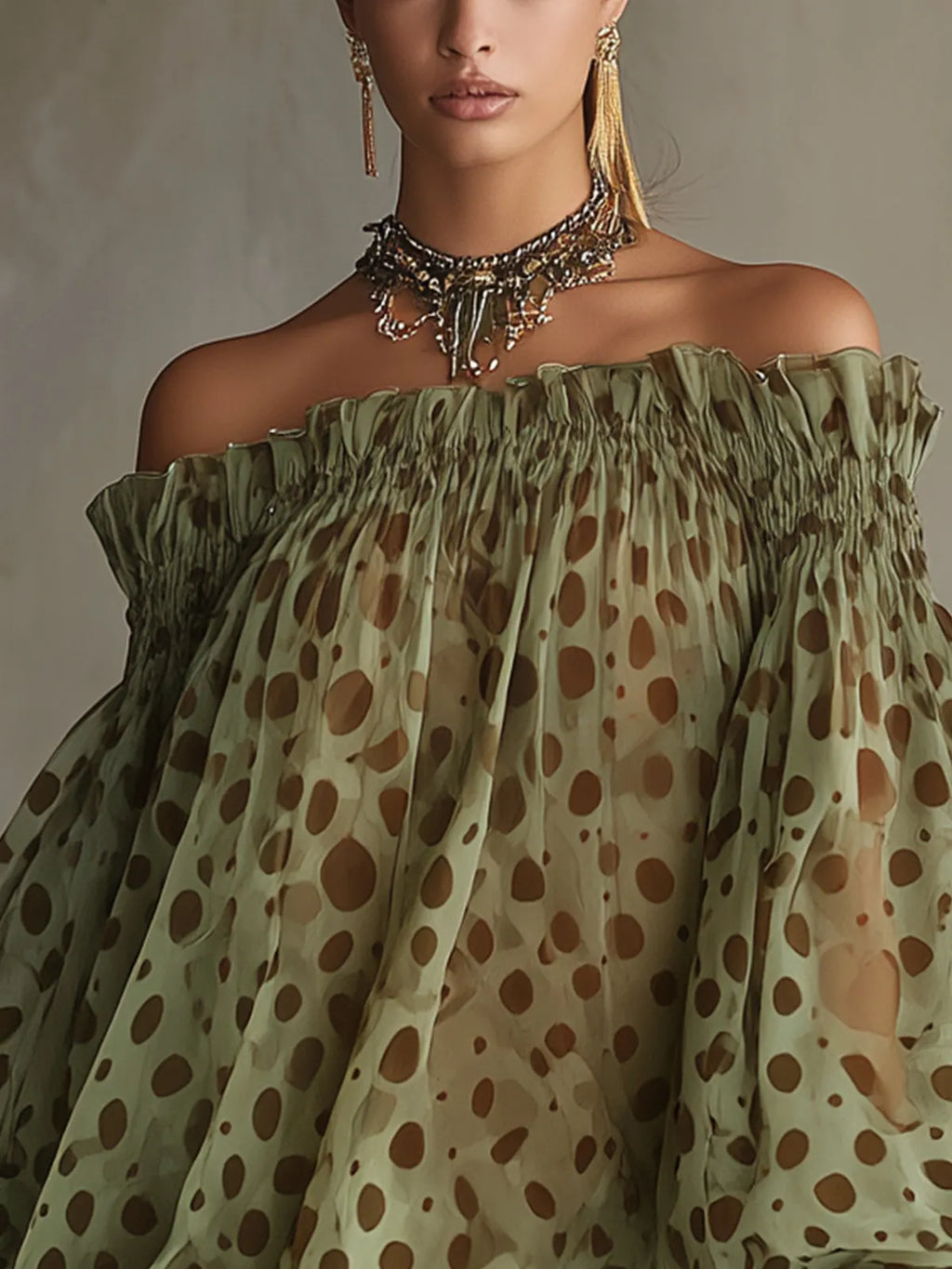 24-Hour-Shipping Olive Polka Dot Off-Shoulder Sheer Balloon-Sleeve Lace Hem Mini Dress