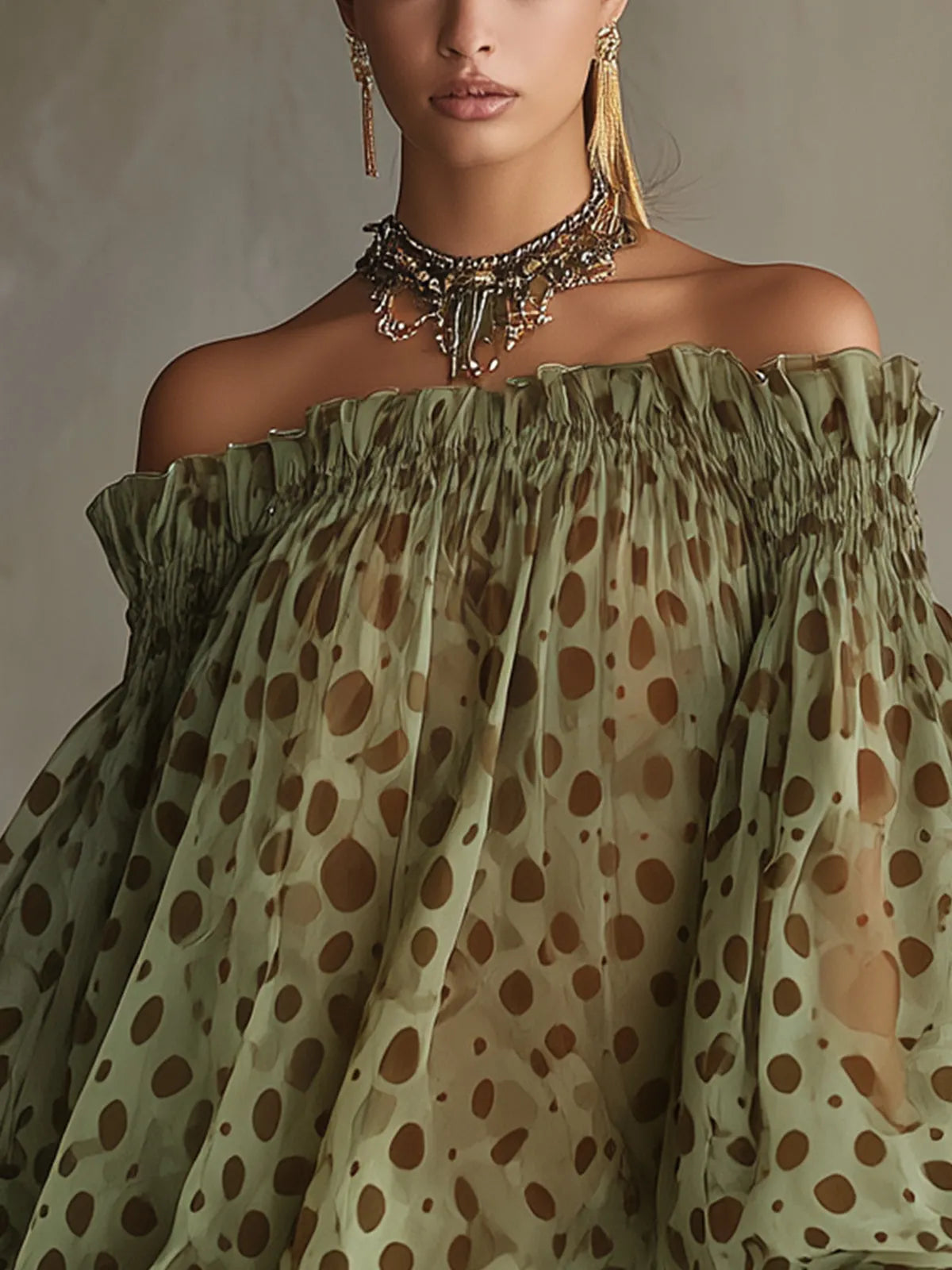 24-Hour-Shipping Olive Polka Dot Off-Shoulder Sheer Balloon-Sleeve Lace Hem Mini Dress
