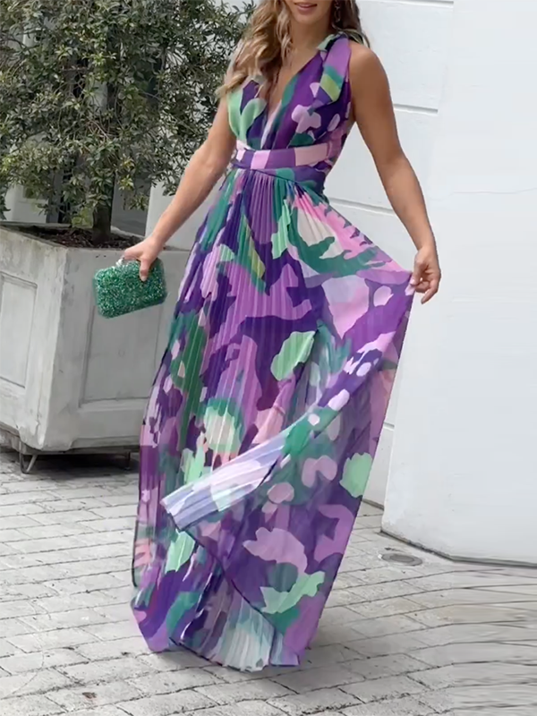 Backless Floral Printed Split-Side Sleeveless Spaghetti-Neck Maxi Dresses