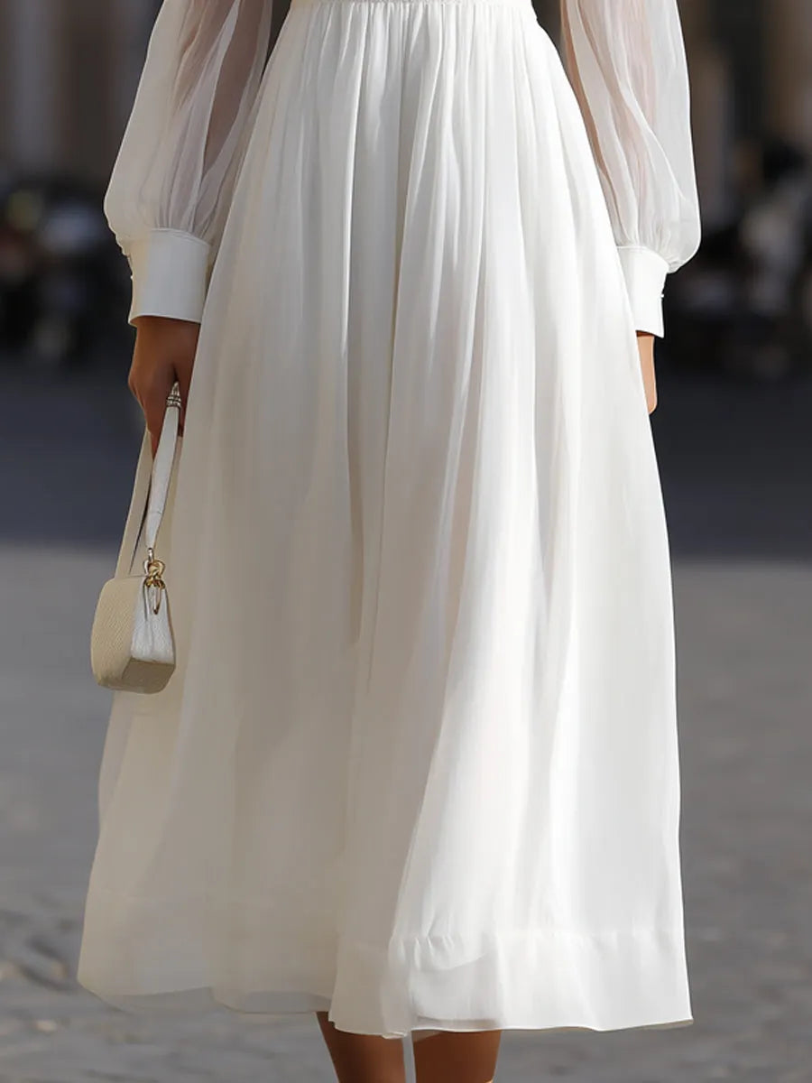 Square Neck Smocked Bodice Sheer Sleeve Midi Dress