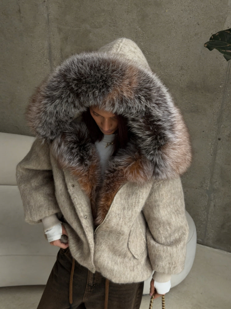 Faux Fur Hooded Wool-Blend Jacket
