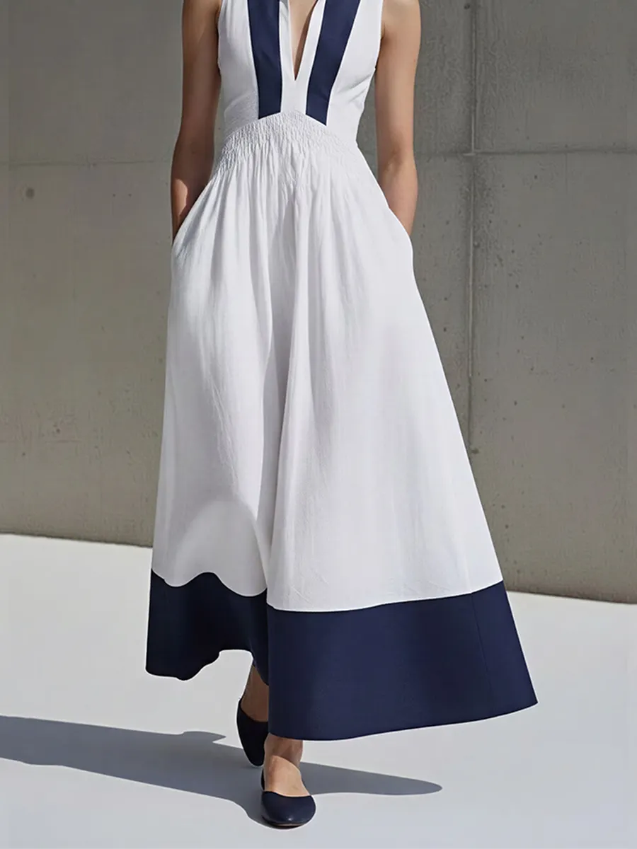 Women's White & Navy Linen-Blend Midi Dress With Collared Neck & Smocked Waist, Timeless Nautical-Chic Style Dress MDZ2071D1LYL