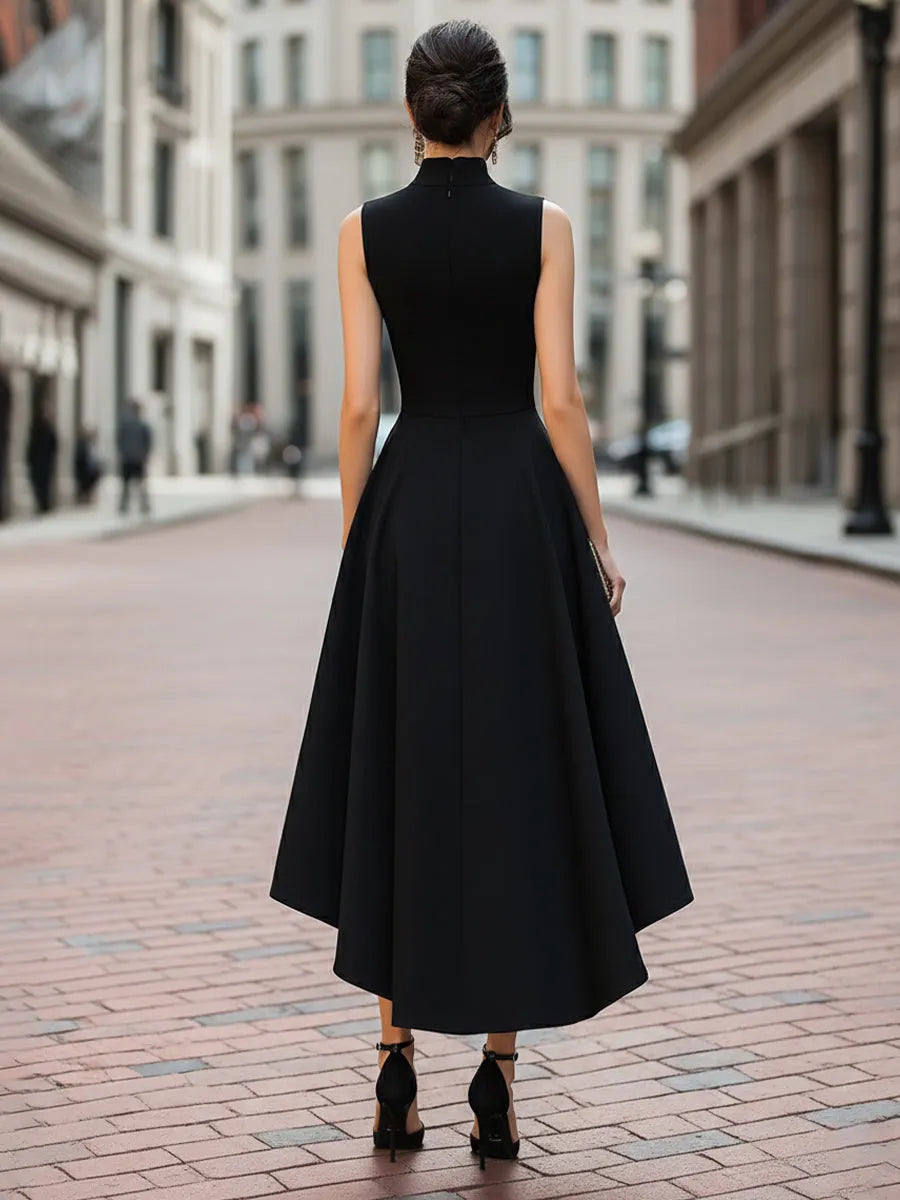 Sleeveless High-Neck Asymmetric Hem A-Line Midi Dress