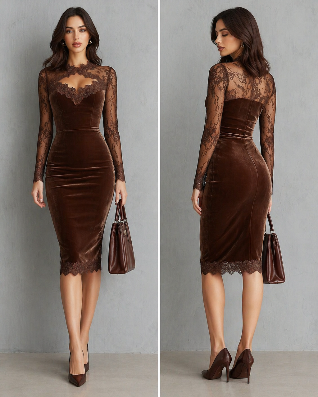 Dark Femme Chocolate Velvet Lace-Illusion Midi Dress