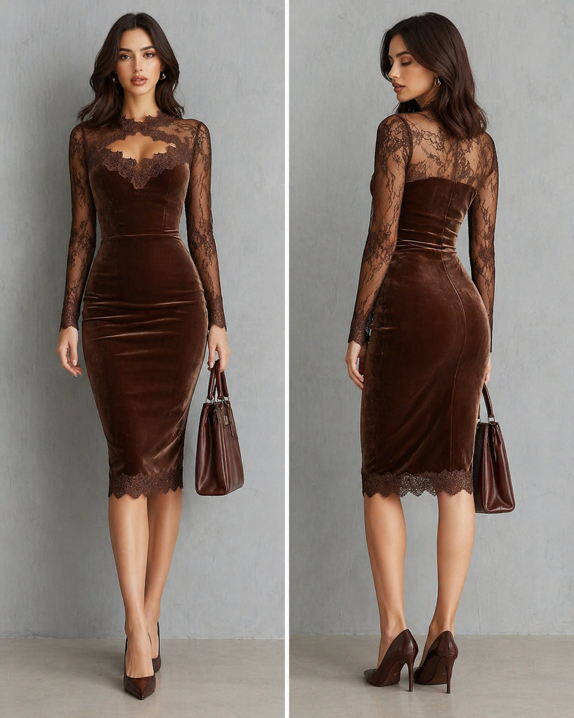 Dark Femme Chocolate Velvet Lace-Illusion Midi Dress