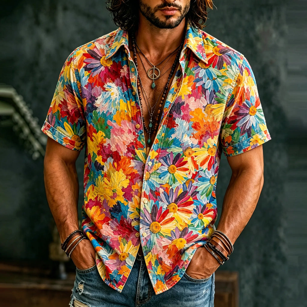 Men's Retro Hippie Flowers Graffiti Art Pattern Casual Shirt