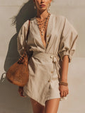 Beige Striped Tie Waist Mini Dress