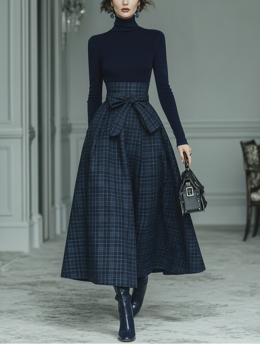 Women’s Navy Plaid High-Waisted Belted Pleated A-Line Midi Skirt MDA2668K7T