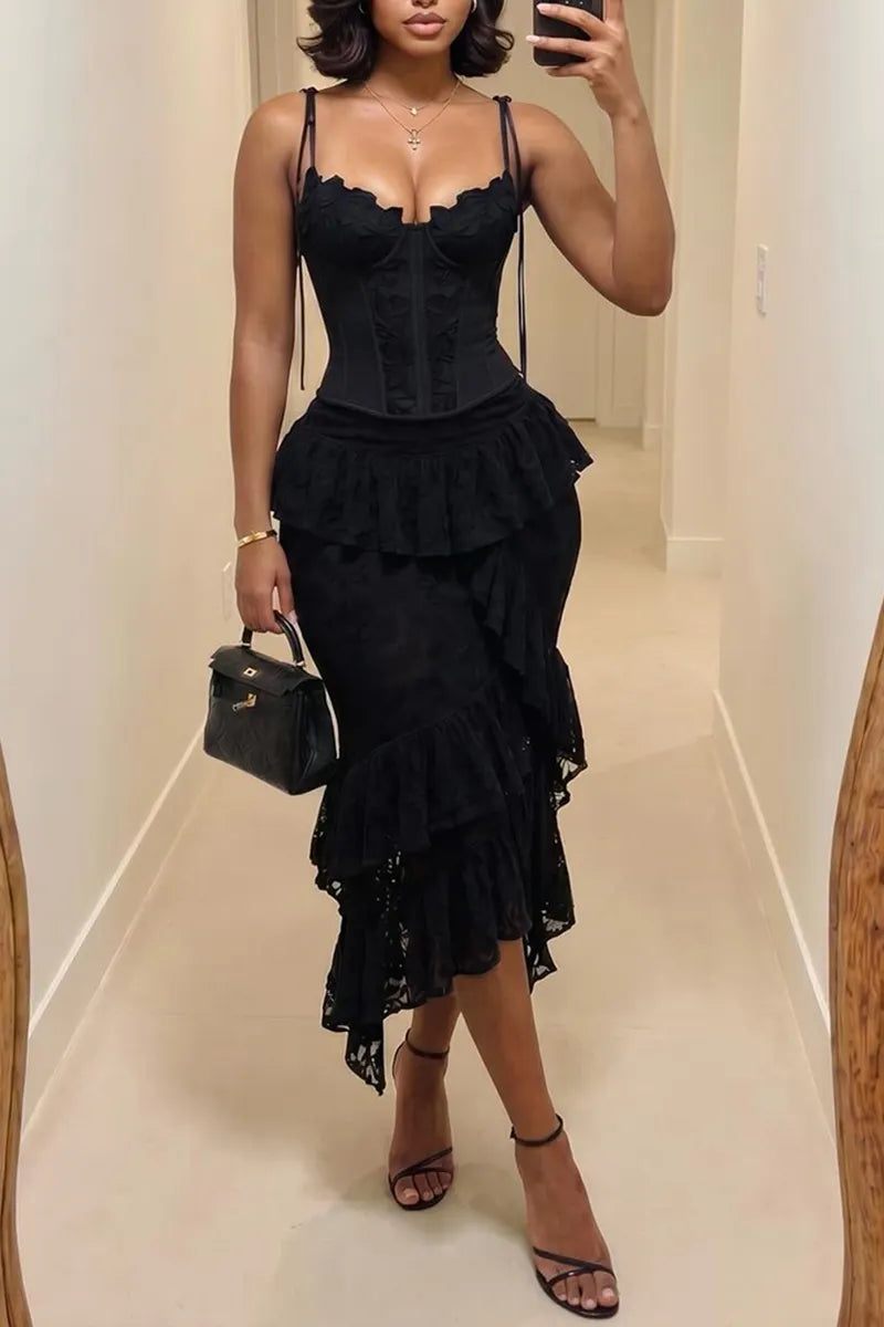 Women's Elegant Lace-Trim Cami Skirt Set