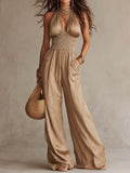 Bohemian Satin Halter Smocked Wide-Leg Jumpsuit