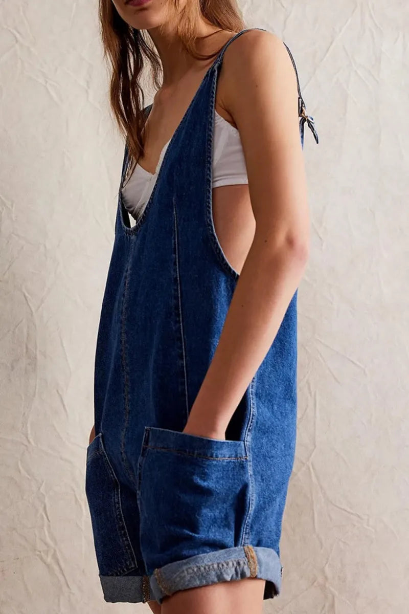 Women Casual Denim Short Overalls Rolled Cuff Barrel Shorts Jumpsuit Rompers
