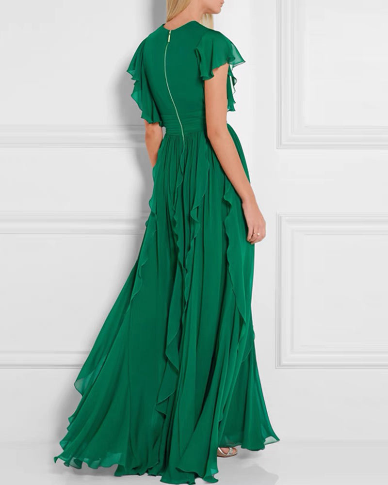 Kaleidoscope Dream: Colorful Chiffon Ruffle Maxi Dress