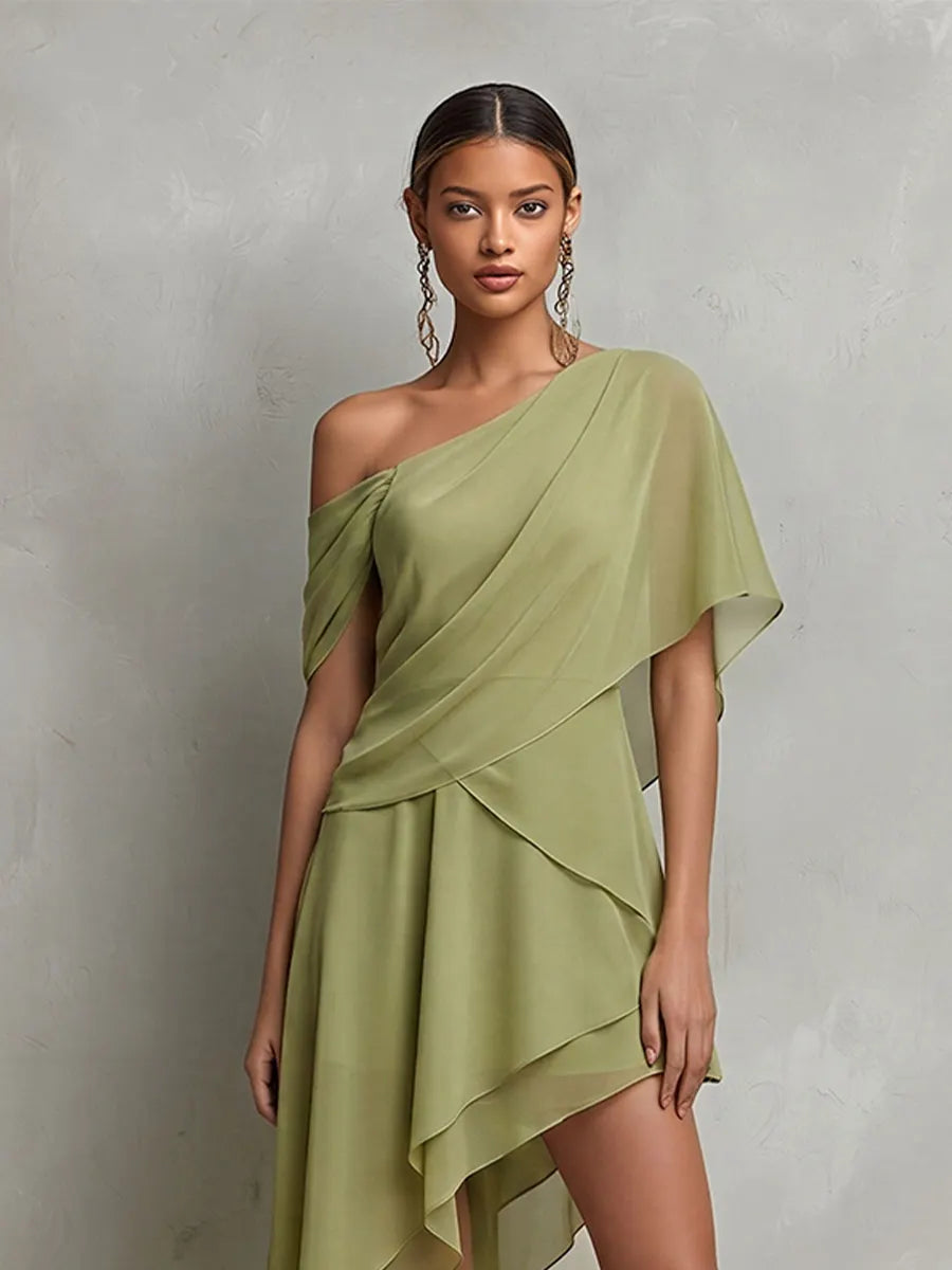 Women's Sage Green Sheer Chiffon Dress With Asymmetrical Neckline & High-Low Hem, Modern Effortless-Elegant Cocktail Dress MDZ2241D8LYL