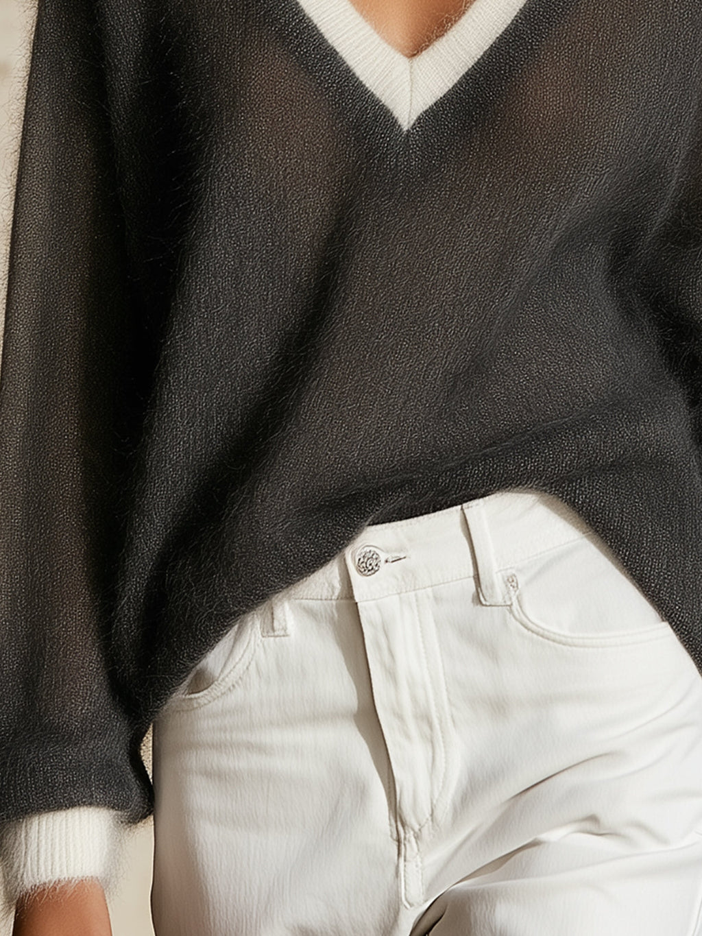 Dark Gray White Trim V-Neck Sheer Fluffy Mohair Oversized Knit Sweater