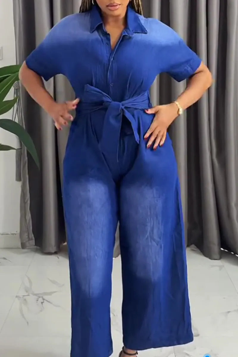 Women's  Casual Gradient Blue Lapel Short Sleeve Tie Waist Wide Leg Denim Jumpsuit