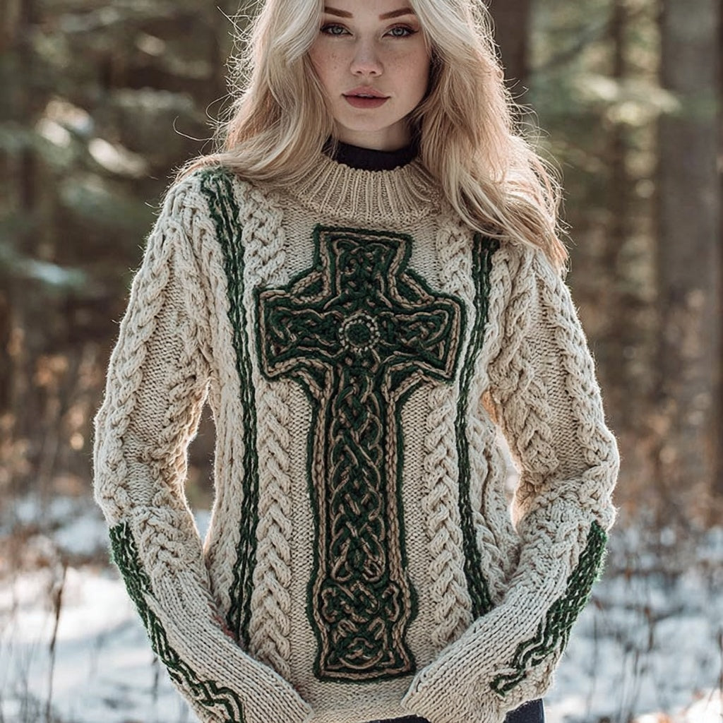 Vintage Irish Celtic Cross Round Neck Chunky Cozy Sweater