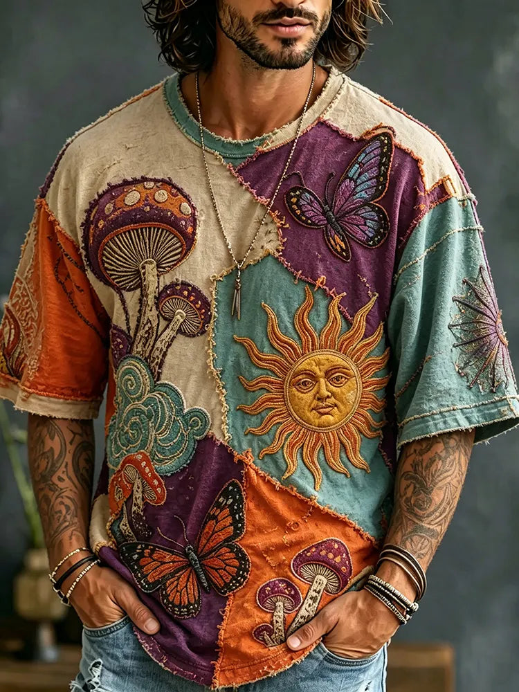 Men's Sun, Moon, Butterfly, And Mushroom Color Block T-shirt