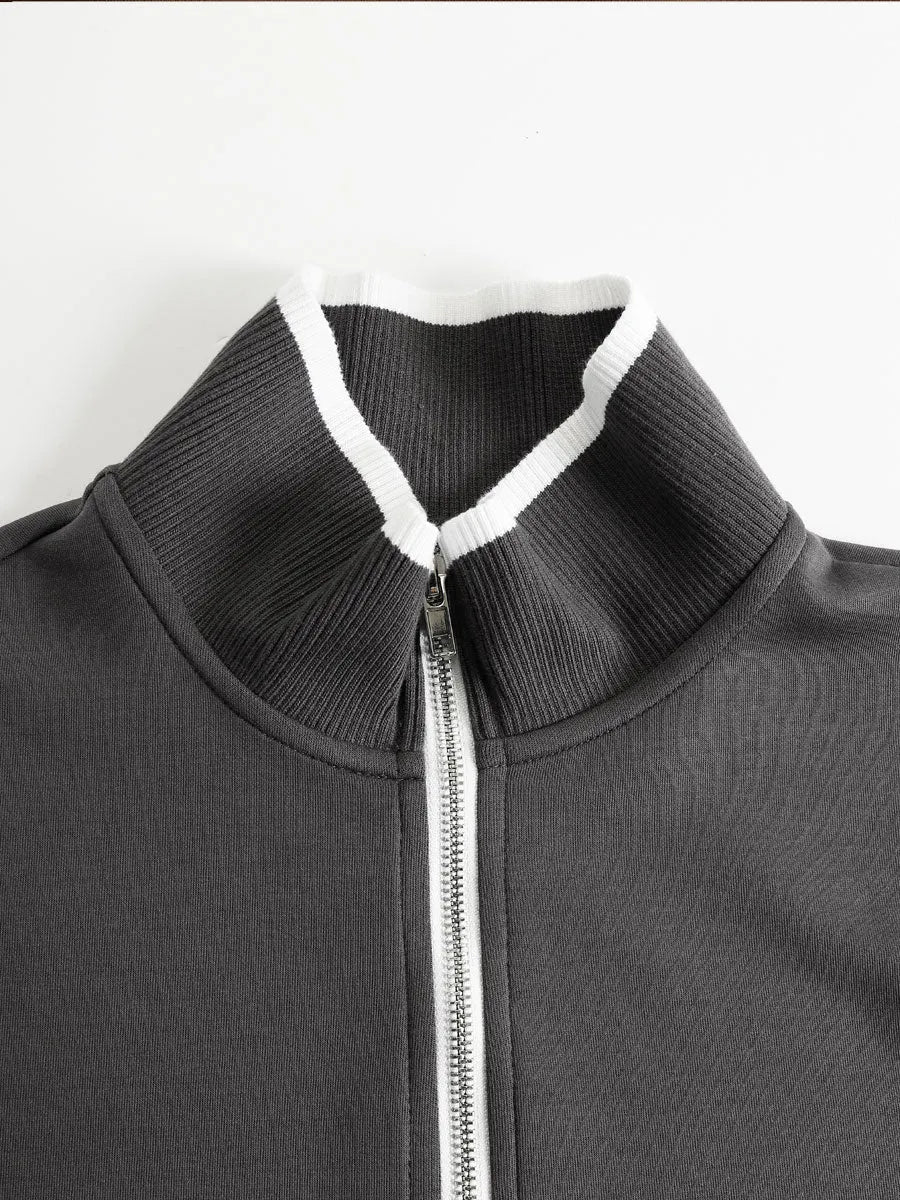 Retro Sporty Webbing Grey-white Half-zip Sweatshirt And Wide-leg Pants Set