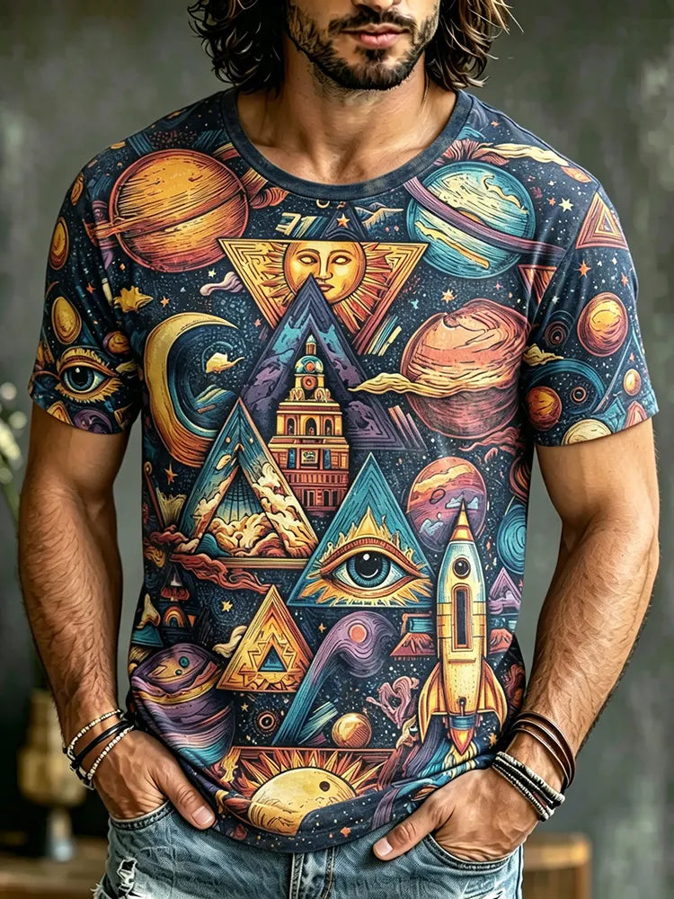 Men's Retro Hippie Psychedelic Cosmic Art Print Casual T-shirt