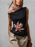 Black Asymmetric Sleeveless Floral Knit Top