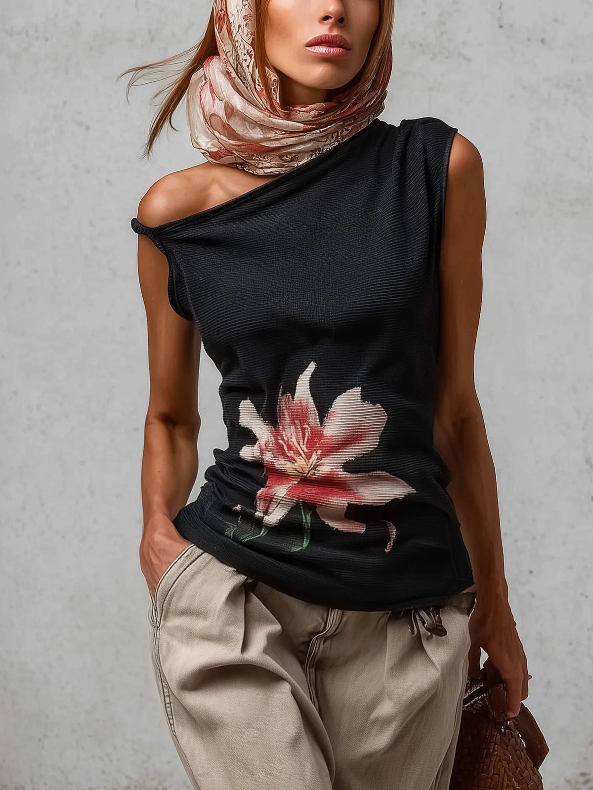 Black Asymmetric Sleeveless Floral Knit Top