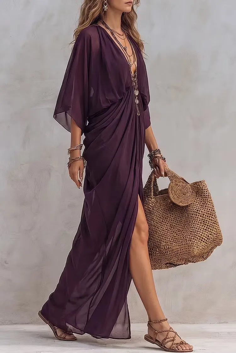 Casual Deep Purple Pleated Chiffon Maxi Dress