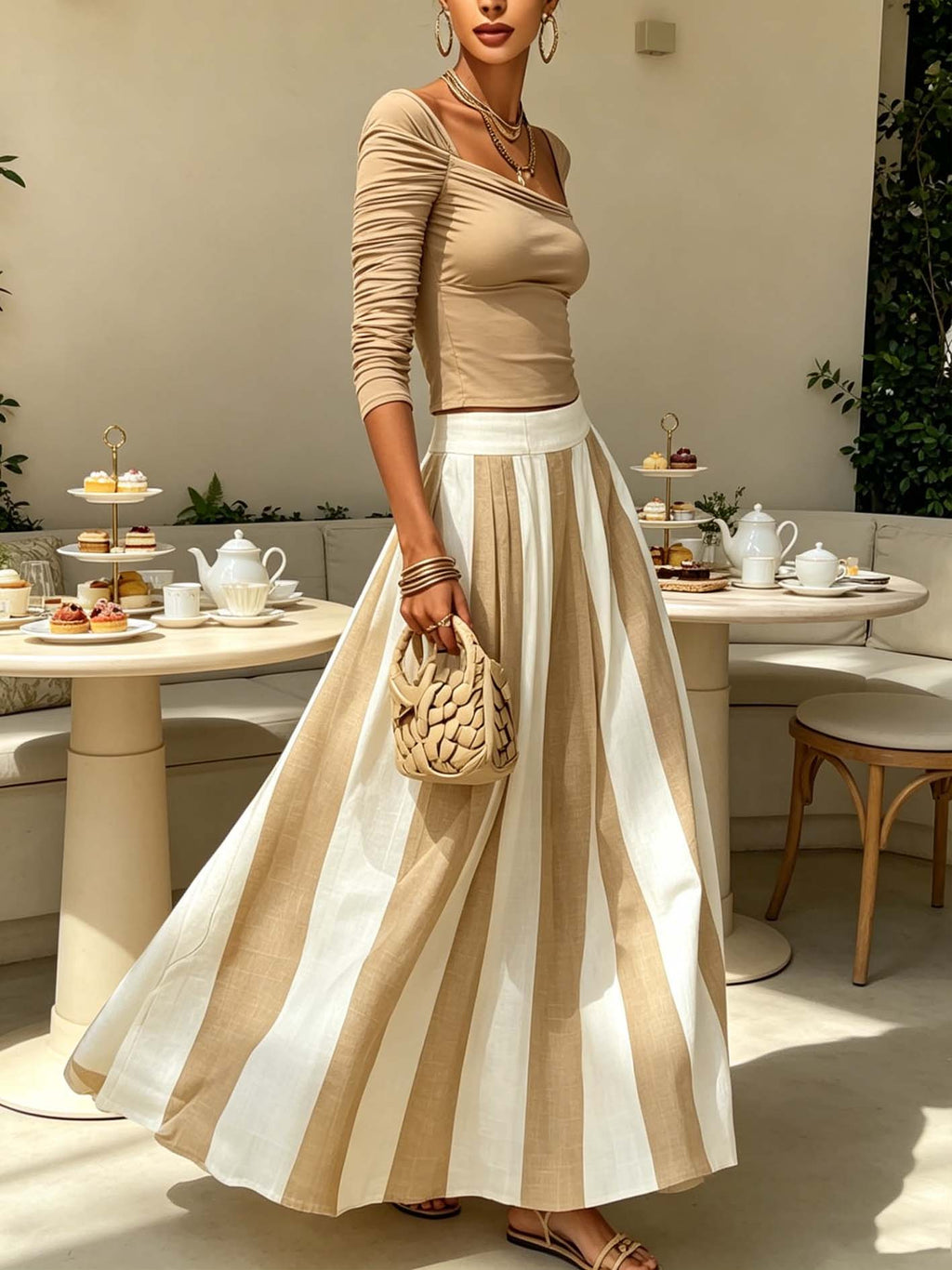 Beige And White Ruched Top And Striped Maxi Skirt Set