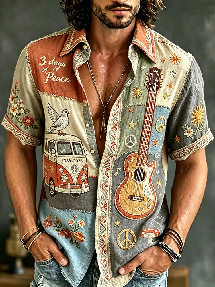 Men's Retro Hippie Vibes Art Pattern Casual Washed Shirt
