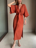 Casual V-neck cotton and linen lace-up dress