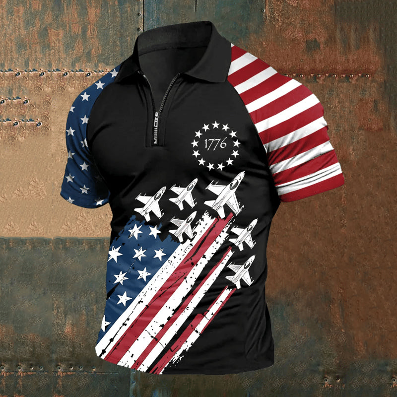 Men's Independence Day American Flag 1776 Zip-up Polo Shirt