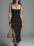 Elegant Striped Lace-trimmed Side-slit Hem Midi Dress