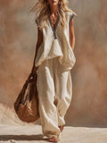 Retro-style Comfortable Bohemian V-neck Off-white Cotton And Linen Top And Pants Set