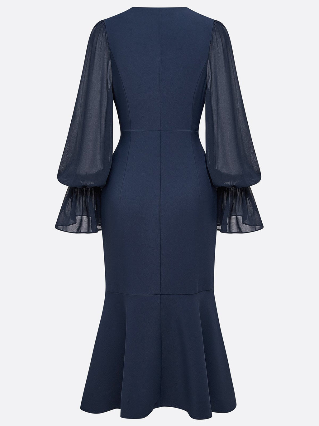 Purplish blue Buckle Classic V Neck Long Sleeve Bell Sleeve Mermaid Midi Dress