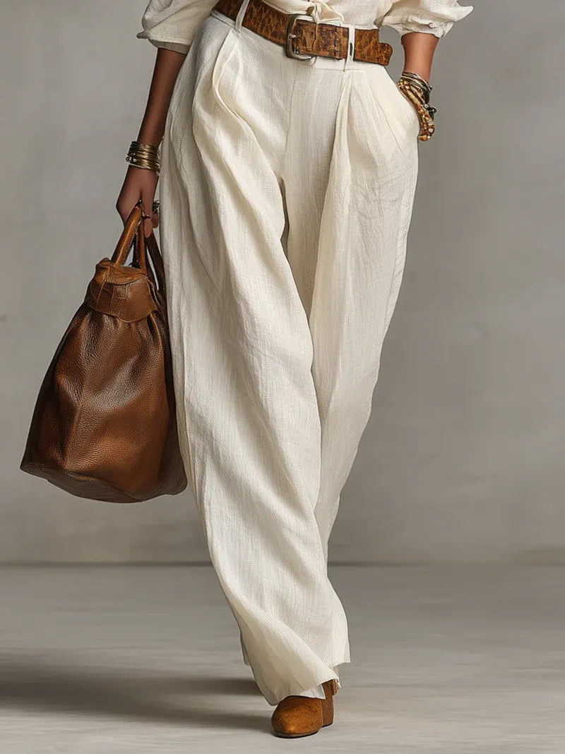Cream-colored Loose-fitting Shirt And Wide-leg Pants Two-piece Set(with belt)