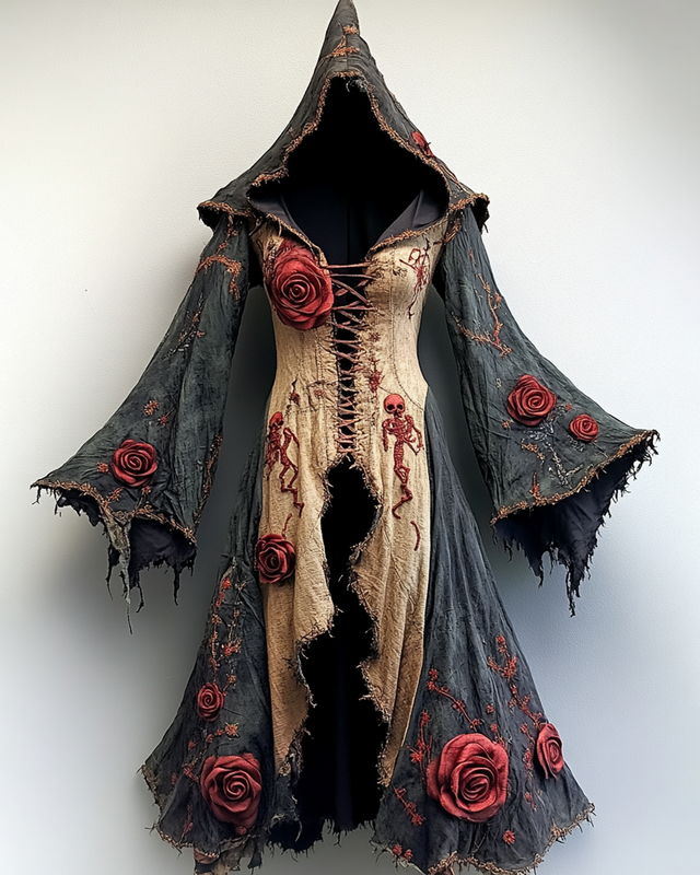 Women's Halloween Themed Rose Embroidered Irregular Cape 0f27