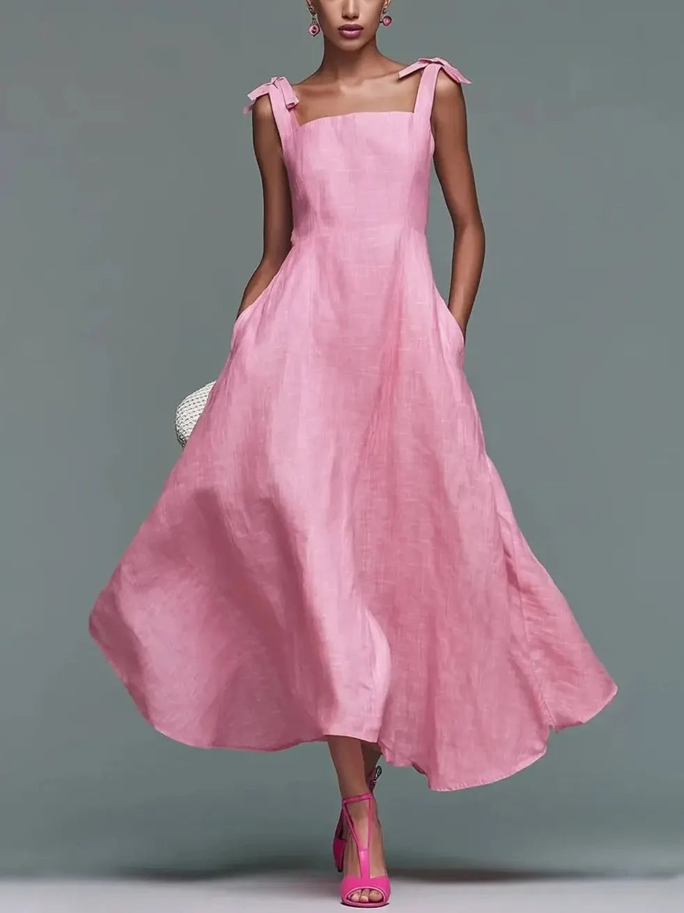 Pink Bow-Strap Square-Neck Maxi Dress