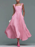 Pink Bow-Strap Square-Neck Maxi Dress