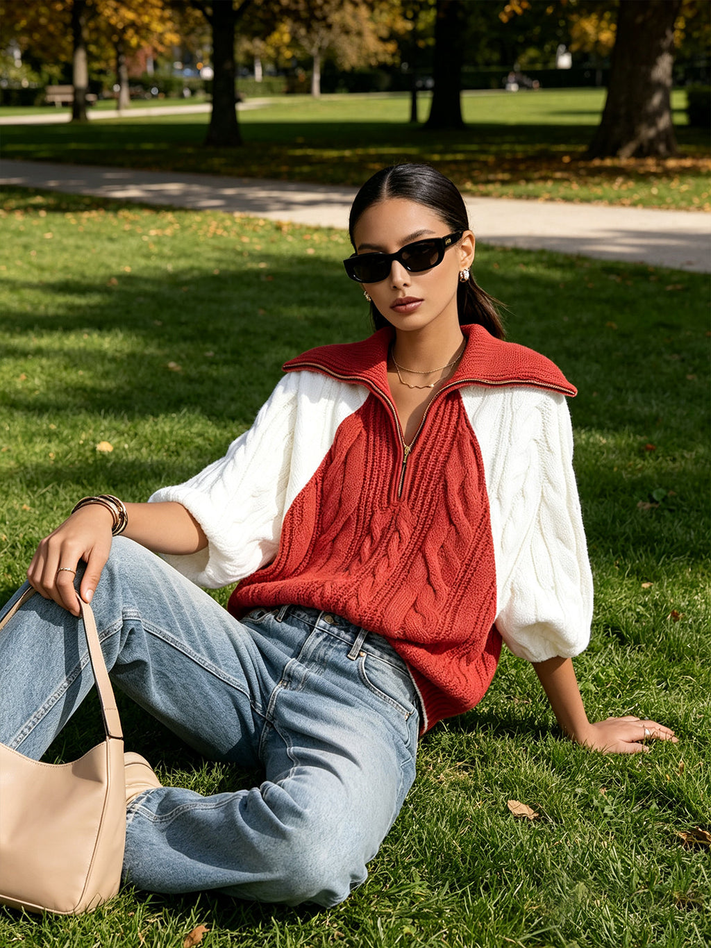 Coral Colorblock Cable Knit Half-Zip Sweater