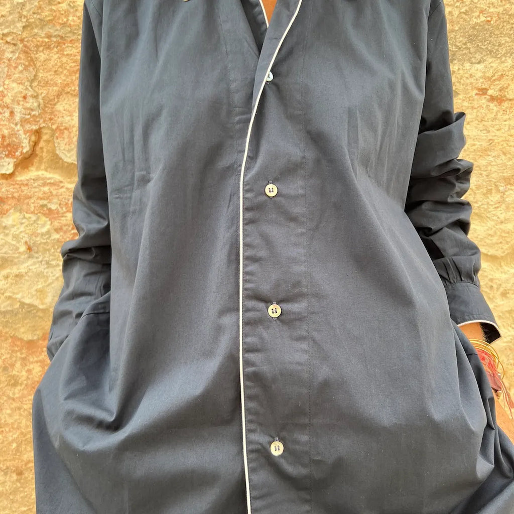 Massi Oversized Piping Shirt - French Resort Mid-Length Blouse | Dadihouse