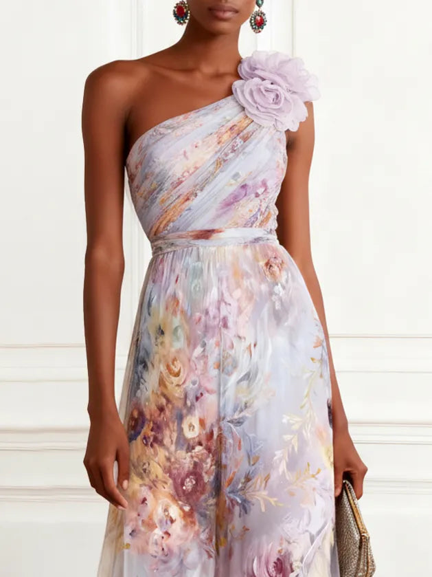 Light Purple 3D Floral Chiffon One Shoulder Sleeveless A-Line Floor-length Gown Dress