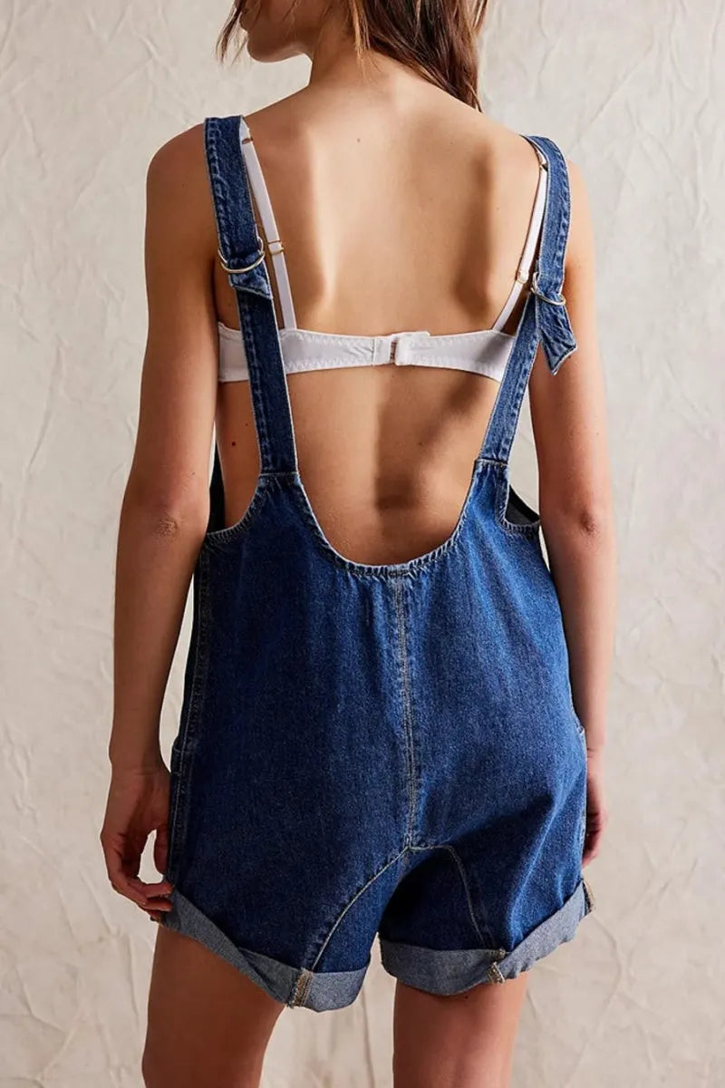 Women Casual Denim Short Overalls Rolled Cuff Barrel Shorts Jumpsuit Rompers
