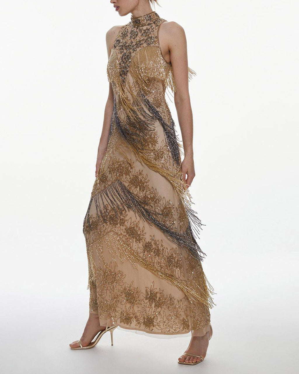 Nocturnal Rhythm: Embellished Fringed Halter Maxi Dress