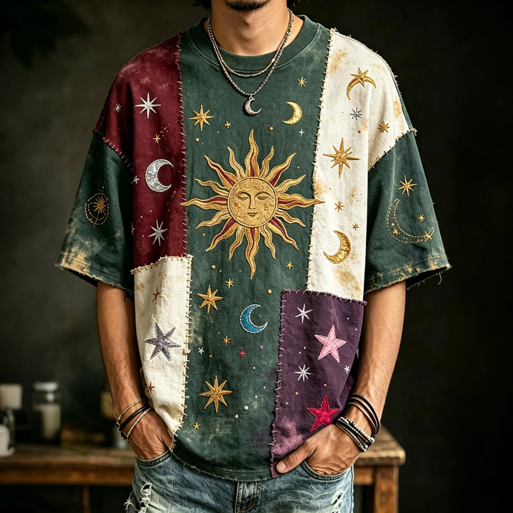 Men's Hippie Style  Sun And Moon Patchwork Art Casual T-shirt