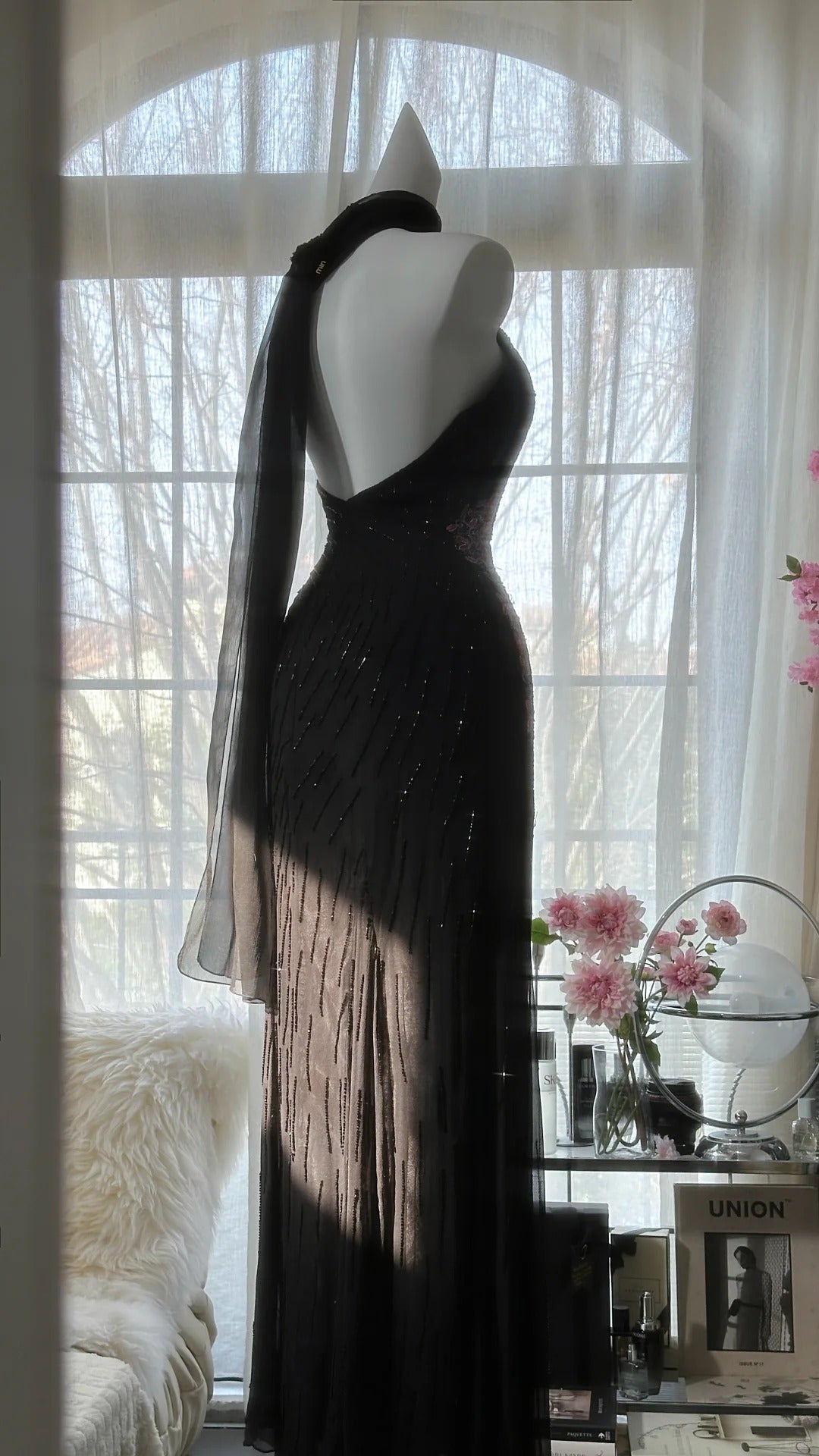 Black Shiny Vintage Elegant Romantic Delicate Pink Floral Beading Long Chiffon Homecoming Ball Gown Evening Dress Birthday/Wedding Guest/Holiday Party Dress Prom Dress