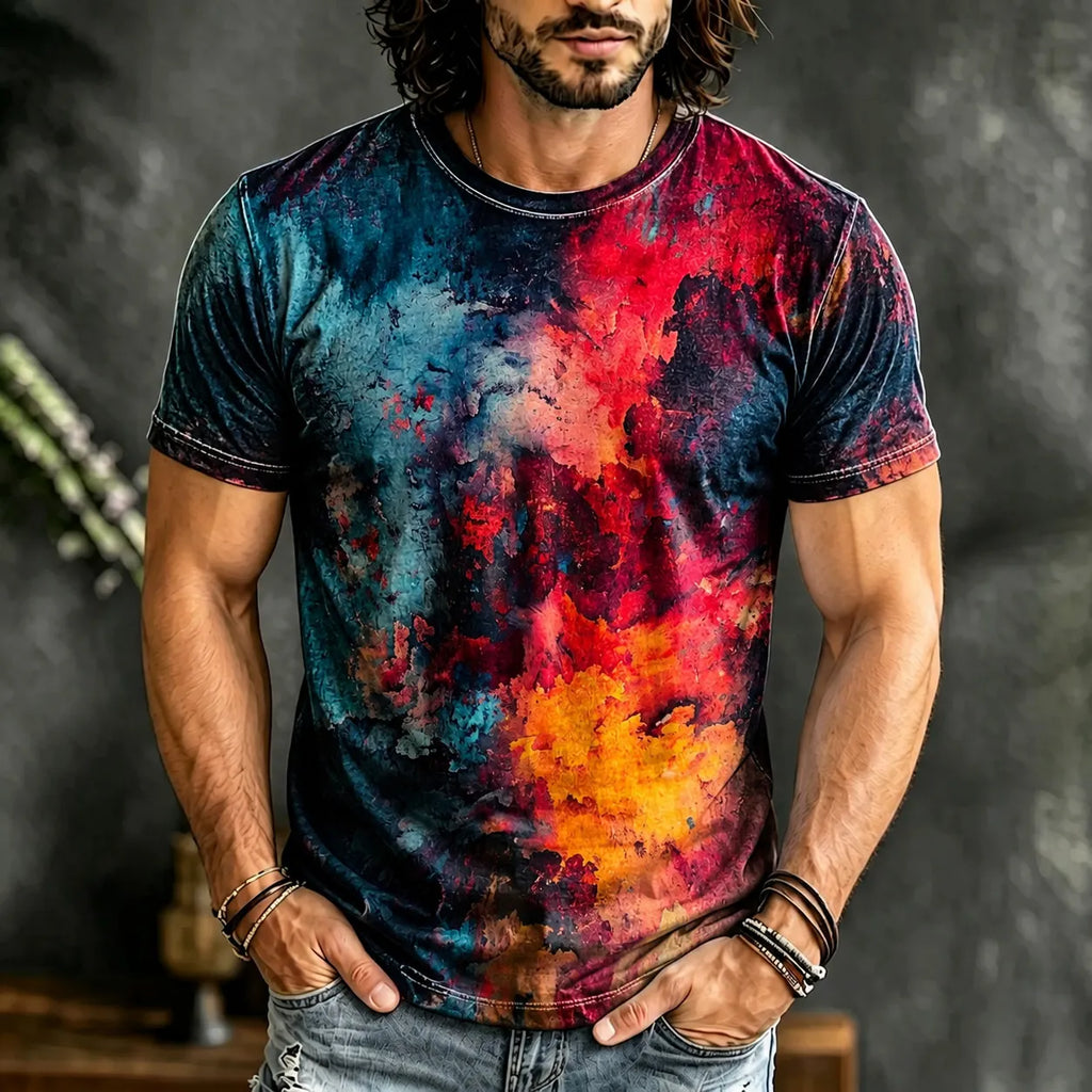 Men's Retro Hippie Abstract Art Print Crew Neck Short Sleeve T-shirt