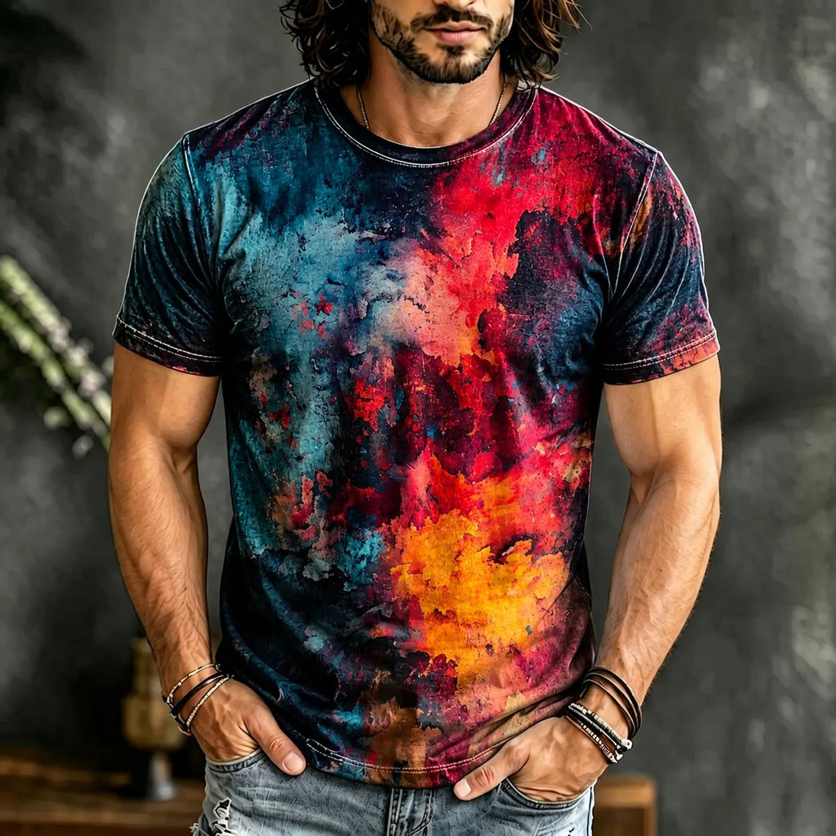 Men's Retro Hippie Abstract Art Print Crew Neck Short Sleeve T-shirt