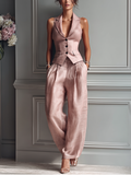 Women's Blush Pink Linen Fabric Sleeveless Vest & Wide-Leg Pants Two-Piece Set With Lapel Collar MDZ3005A5T