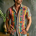 Hippie Rainbow Vertical Stripe Flower Embroidery Men’s Shirt, Vintage Handmade Textured Short Sleeve Vacation Party Blouse